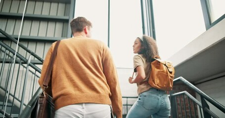 Wall Mural - University, stairs and students walking on campus in conversation, discussion and talking. College friends, academy with happy man and woman on steps to class for learning, education and studying