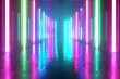 Abstract background with neon lights of green blue white pink violet colors glowing perpendicular lines on shiny reflecting stage
