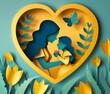 Happy mom and elderly grandma sharing flower gifts and hugging, paper cut out art style with flowers. Happy Mothers Day, Women's Day theme. Generative AI
