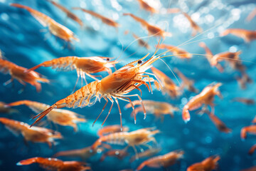 Wall Mural - A small freshwater shrimp swims alone in a tank filled with white pebbles