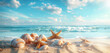 Tropical beach scene with seashells and starfish on sandy shore, ocean in the background, summer vacation concept banner template