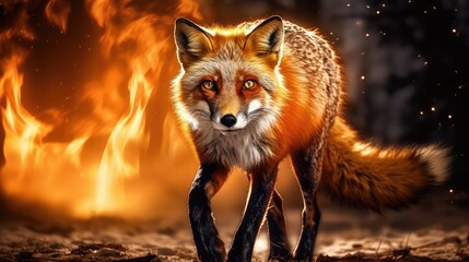 Wall Mural - Amidst the chaos of a forest ablaze, a fox becomes a symbol of untamed beauty and untold stories