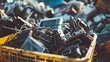 A pile of discarded electronic devices overflowing from a trash bin, symbolizing the mounting problem of electronic waste and planned obsolescence in consumer culture