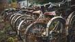 A row of abandoned bicycles rusting away in a neglected lot, their twisted frames and broken wheels symbols of urban decay and neglect