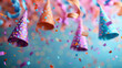 party poppers with flying confetti. Firecracker explodes with ribbon explode for surprise,
