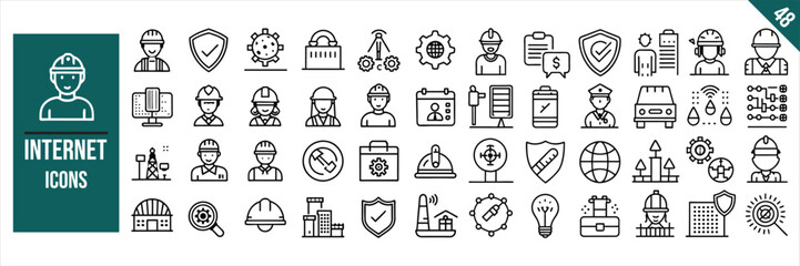 Set of 48 outline icons related to Internet safety. Linear icon collection. Vector illustration.