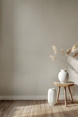 3d mockup of an empty wall in the style of minimalist interior design, with a wooden floor and two white vases on one side