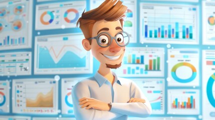 Wall Mural - A smiling animated character with charts and graphs in the background