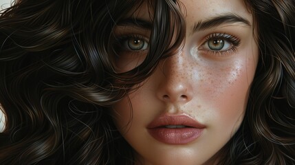Close-up illustration of a beautiful woman with brown-black hair.
