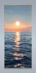 Wall Mural - Sunset over the Sea, in the style of a minimalist oil painting, with light blue and gray tones. The sun sets over an open ocean, reflecting on calm waters. A thin golden border frames the canvas, addi