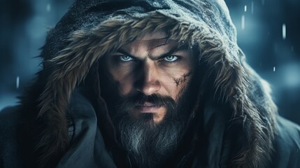 Canvas Print - Rugged bearded man with intense gaze in snowy environment