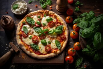 Wall Mural - delicious homemade pizza with fresh basil and tomatoes