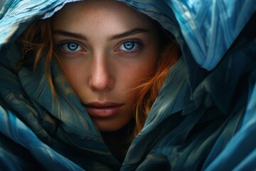 Wall Mural - Mysterious woman with piercing blue eyes