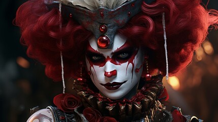 Poster - Haunting Clown Portrait with Intense Gaze and Dramatic Makeup