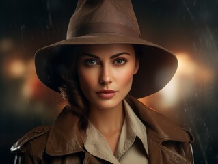 Canvas Print - Mysterious woman in a trenchcoat and hat