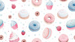 seamless pattern with cupcakes, macaroons, donuts pink and blue on white background, pastel colors, illustration --ar 16:9 --tile Job ID: cf6a82ba-4e1e-4c9c-9c3b-f18805829394