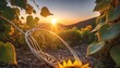 A thin wire tangled tightly around shiny ivy. a falling sunflower lying on the ground, under the sunset