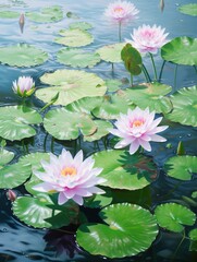 Wall Mural - Serene water lily pond with vibrant pink flowers