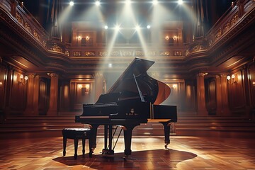a grand piano set in a luxurious concert hall, spotlight highlighting its polished ebony surface, a 