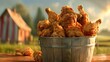 An assortment of crispy fried chicken pieces arranged artfully in a bucket, tempting anyone who gazes upon them