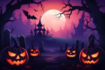 Wall Mural - Halloween themed witch castle in halloween day scarey night cartoon background with pumpkins, bats, full moon