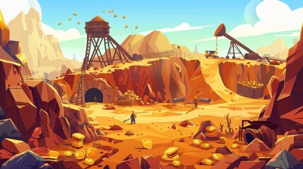 A vibrant gold rush scene in a bustling desert mine