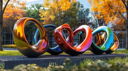 a series of colorful, abstract sculptures are arranged in a park