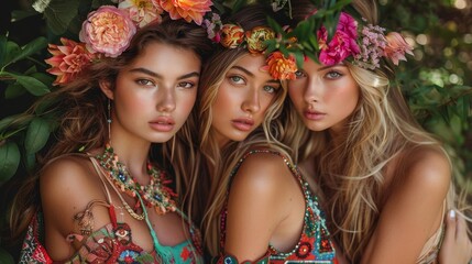 Wall Mural - Three women wearing flower crowns and colorful clothing pose for a photo