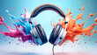 Colorful liquid and headphones, music, advertisement, floating, repellent, image, jumping, bright, tempo, rhythm, illustration, design, blue background