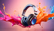 Colorful liquid and headphones, music, advertising, floating, image, jumping, bright, tempo, rhythm, illustration, design