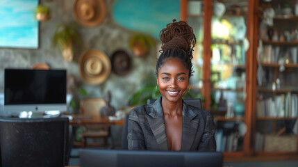 Wall Mural - An african woman working on laptop in office.