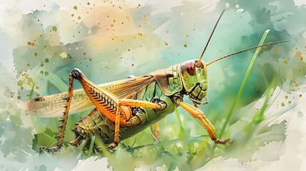 Poster - Watercolor of Grasshopper in Integrated Pest Management Ecosystem