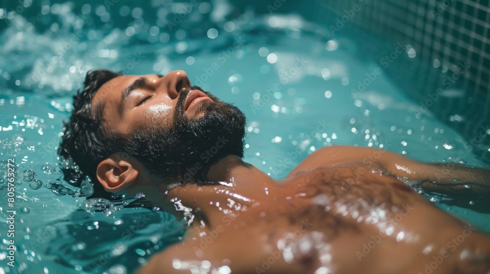 Athletic man taking a cold bath in a tub after a strenuous workout to ...