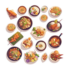 Set of various Asian dishes, snacks, wok, rice, noodles, seafood. Street food, restaurants, takeaway, boxed food delivery. Illustration on transparent background, top view