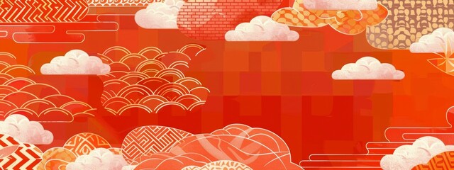 A background of an orange checkered pattern with Japanese patterns and clouds in the style of a flat design.