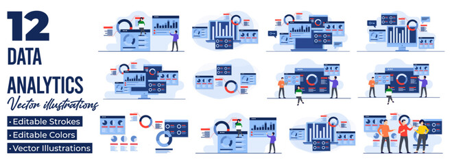  Set of flat illustrations of data charts, graphs, and dashboard, SEO marketing advertising analytics, Marketing analytics, Market research, Business Analysis, Financial reports and research 