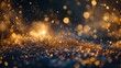 An explosion of golden glitter against a dark, mysterious backdrop, the sparkles caught in mid-air, creating a luxurious and festive abstract background that exudes celebration.