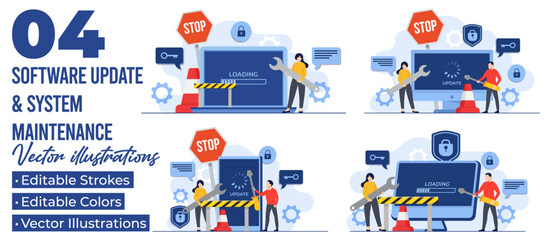 Wall Mural - set of flat illustrations of system maintenance, error, fixing trouble, device updating, software up