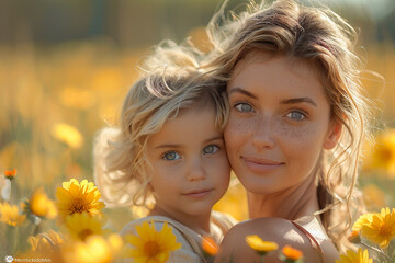 A mother and her toddler share a joyful embrace amidst a sea of vibrant yellow flowers, radiating happiness and affection.