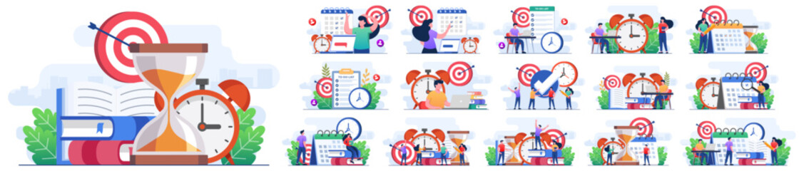 Set of flat illustrations of business time management, Project management, Productivity, Time planning, Exam deadline, Planner