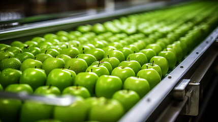 Wall Mural - Clean and fresh green apples oc conveyor belt ready to packaging with automatic food production, photo shot --ar 16:9 --v 5.2 Job ID: d28543b4-7c21-477f-9a29-60102b27af75