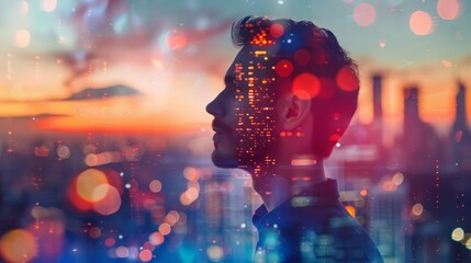 Profile of a man with a double exposure of city lights, representing business success against an evening sky. Generative AI hyper realistic 