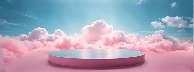 Wall Mural -  Background podium pink 3d product sky platform display cloud pastel scene render stand. Pink podium stage minimal abstract background beauty dreamy space studio pedestal smoke showcase geometric whit