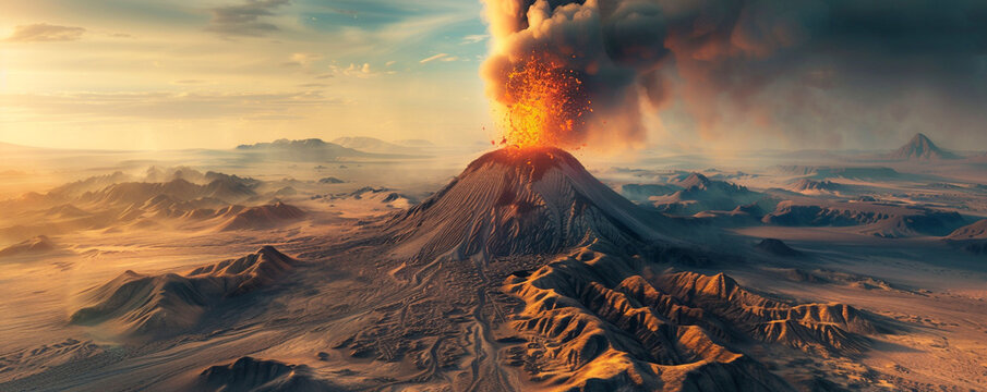 An aerial illustration of a vast desert landscape dominated by a solitary volcano spewing fire and smoke into the sky amidst the barren wilderness
