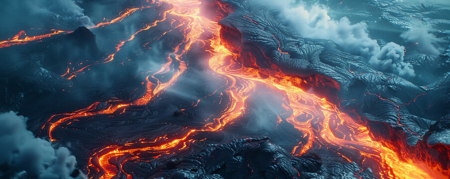 an aerial view of a volcanic landscape where natures raw power is on display with rivers of fire flowing down the mountain