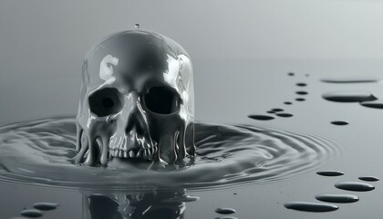 water drop falling into water, skull and bones, portrait of a person with a beard, dissolve melting emerging from grey molten liquid paint. illuminated with dynamic composition and dramatic