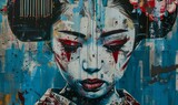 abstract face of a blue geisha - graffiti art