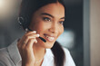 © peopleimages.com - Call center, portrait and smile with woman consulting in telemarketing office for help or sales. Contact us, face and headset with happy consultant at work for consulting, customer service or support