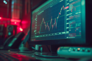 Stock data monitor analyzing data in stock market. Chart data presented on screen, trading graph, stock exchange market, financial investment, Blurred background