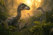 A photo of a pack of Velociraptors, their sleek, feathered bodies tense as they stalk through a dense, prehistoric fern forest at dawn